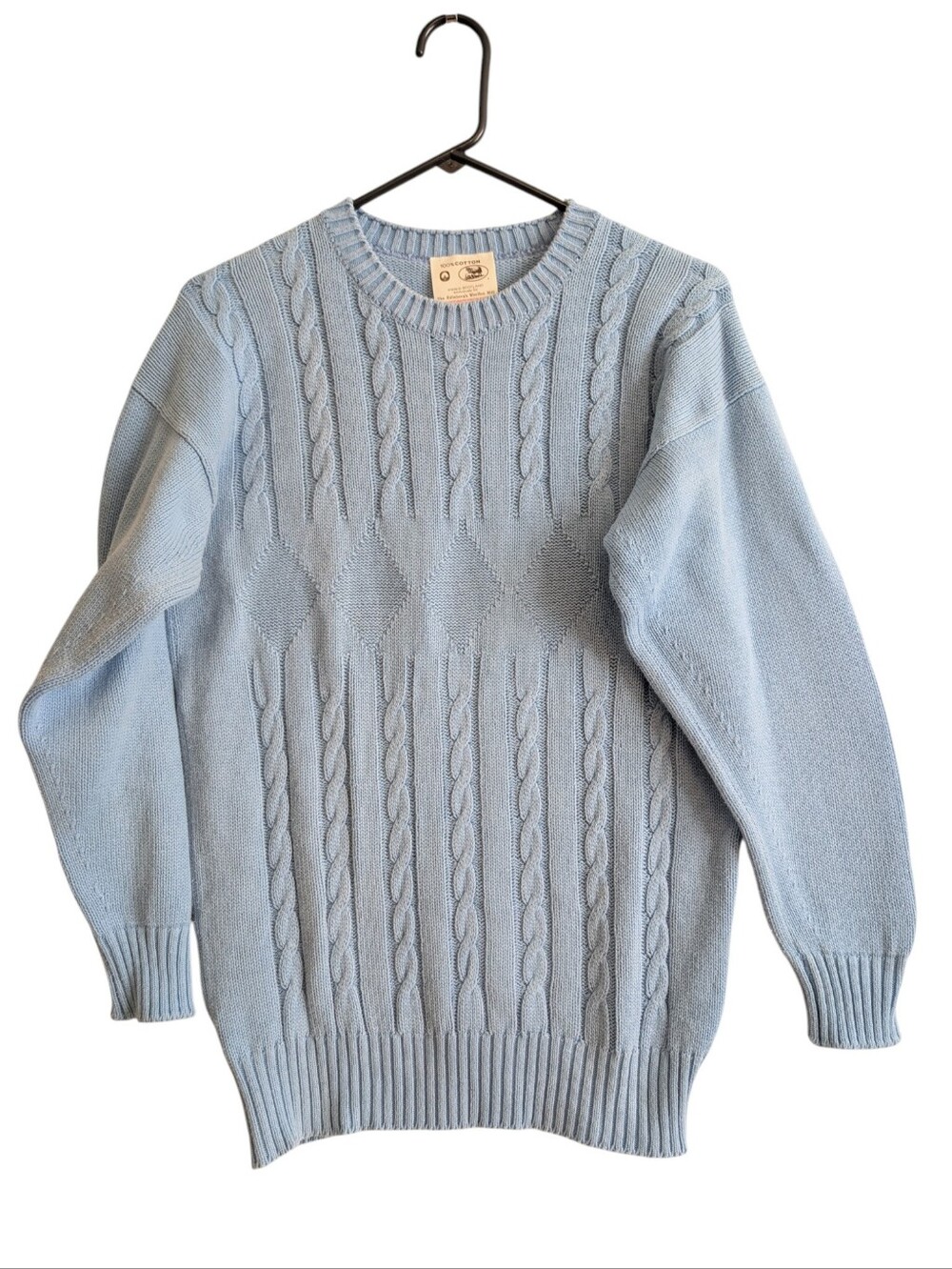 Blue Cable Knit Sweater Cotton Scotland Edinburgh Woollen Mill Fisherman